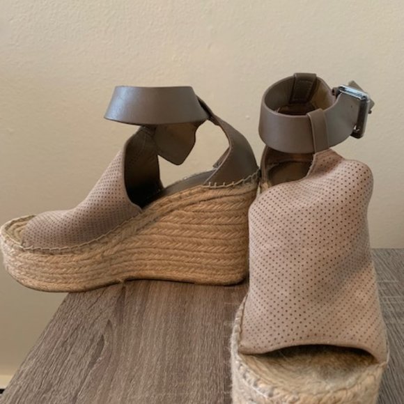 Marc Fisher LTD Annie Perforated Espadrille Platform Wedge Mushroom Suede - Picture 2 of 3